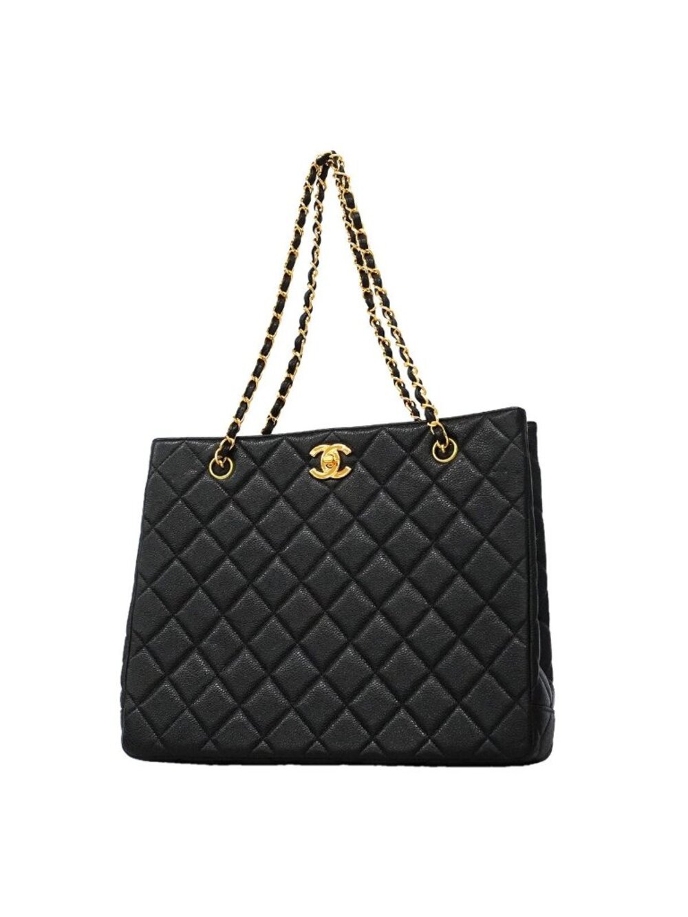 Chanel Chain Tote Bag Quilted Caviar Leather Black Gold